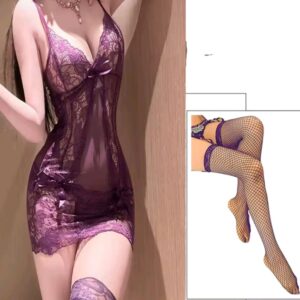 Conjunto Vestido Transparente con Medias de Red y Tanga – Vestido de Encaje