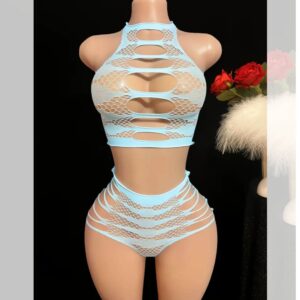 Conjunto Sexy de Lencería de Red Azul Celeste con Diseño Recortado
