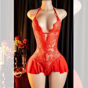 Bodydoll Sexy de Encaje Rojo con Transparencias