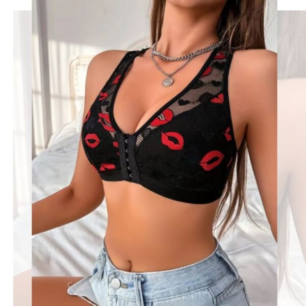 Sujetador Sexy con Encaje Negro y Estampado de Besos Rojos