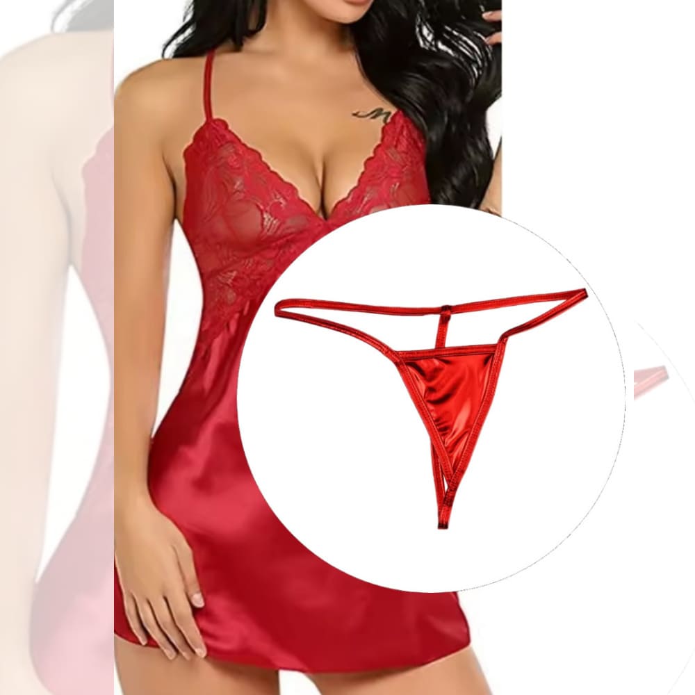 Camisón Sexy Satinado + Tanga Hilo - Imagen 2