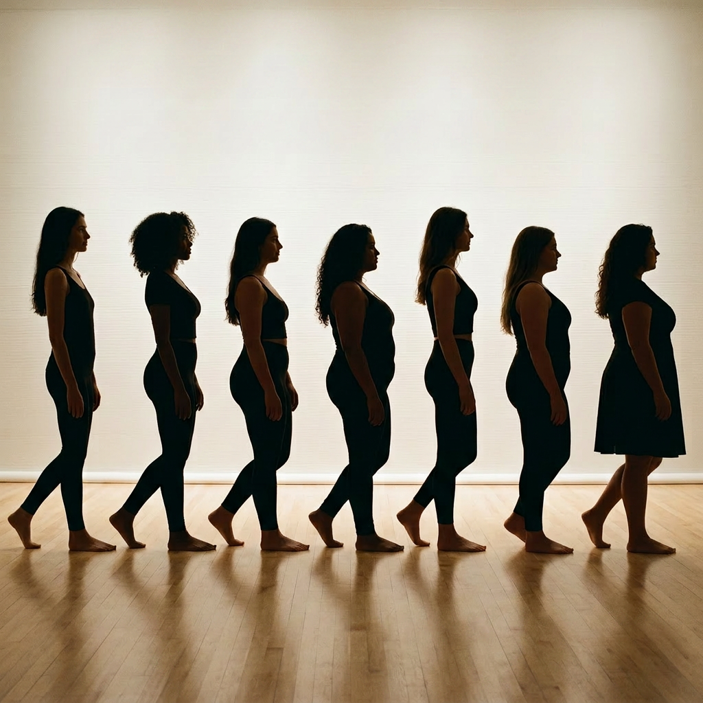 Seven women in profile showing female body types labeled rectangle, hourglass, pear, apple, inverted triangle, round, diamond